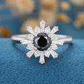 Round Black Onyx | Diamond Flower Baguette Engagement ring