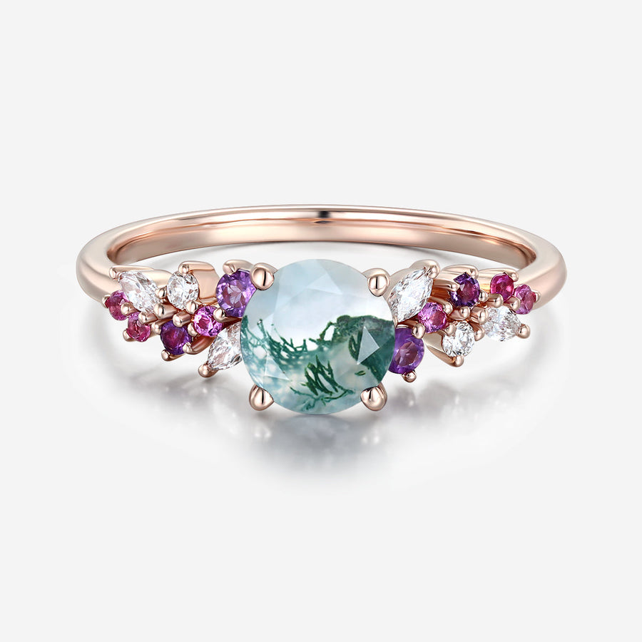 Round cut Moss Agate Leaf Gold Engagement Ring