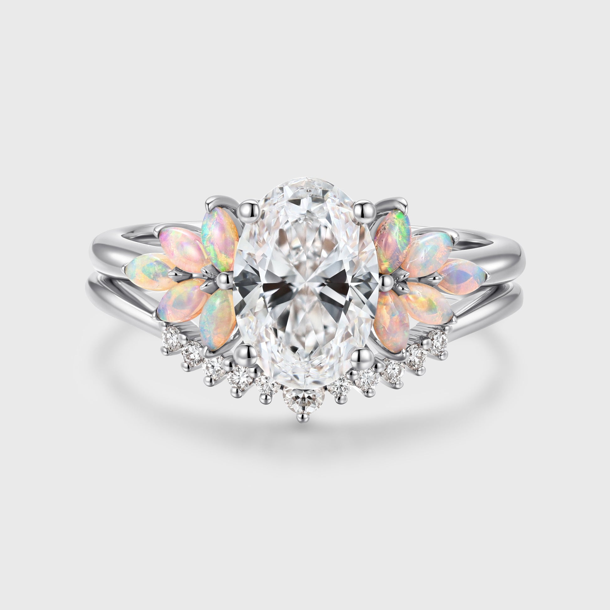 Oval cut Lab-Grown Diamond Engagement ring Rose gold Cluster Opal Curved Diamond Wedding Bridal Set