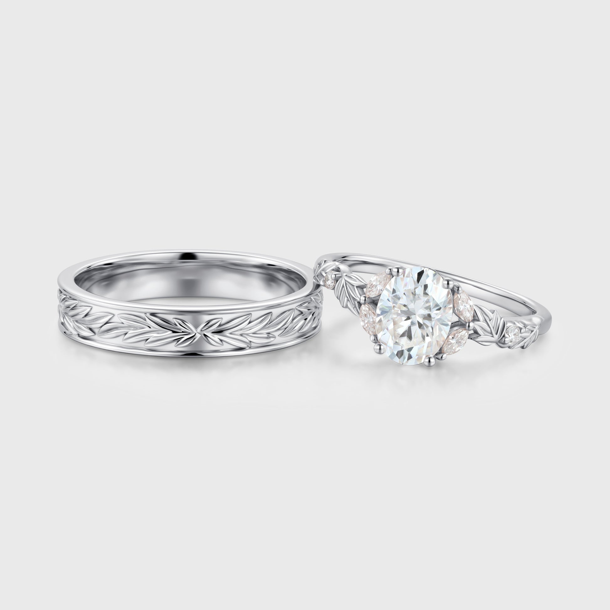 Nature Inspired Moissanite Couple Rings | D Color VVS1 | Rose Gold Leaf Wedding Bridal Set