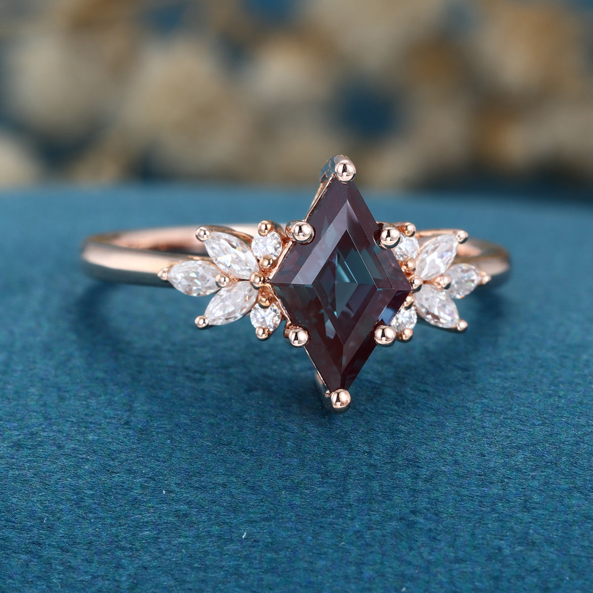 Lozenge cut Lab Alexandrite Solid Gold Engagement Ring