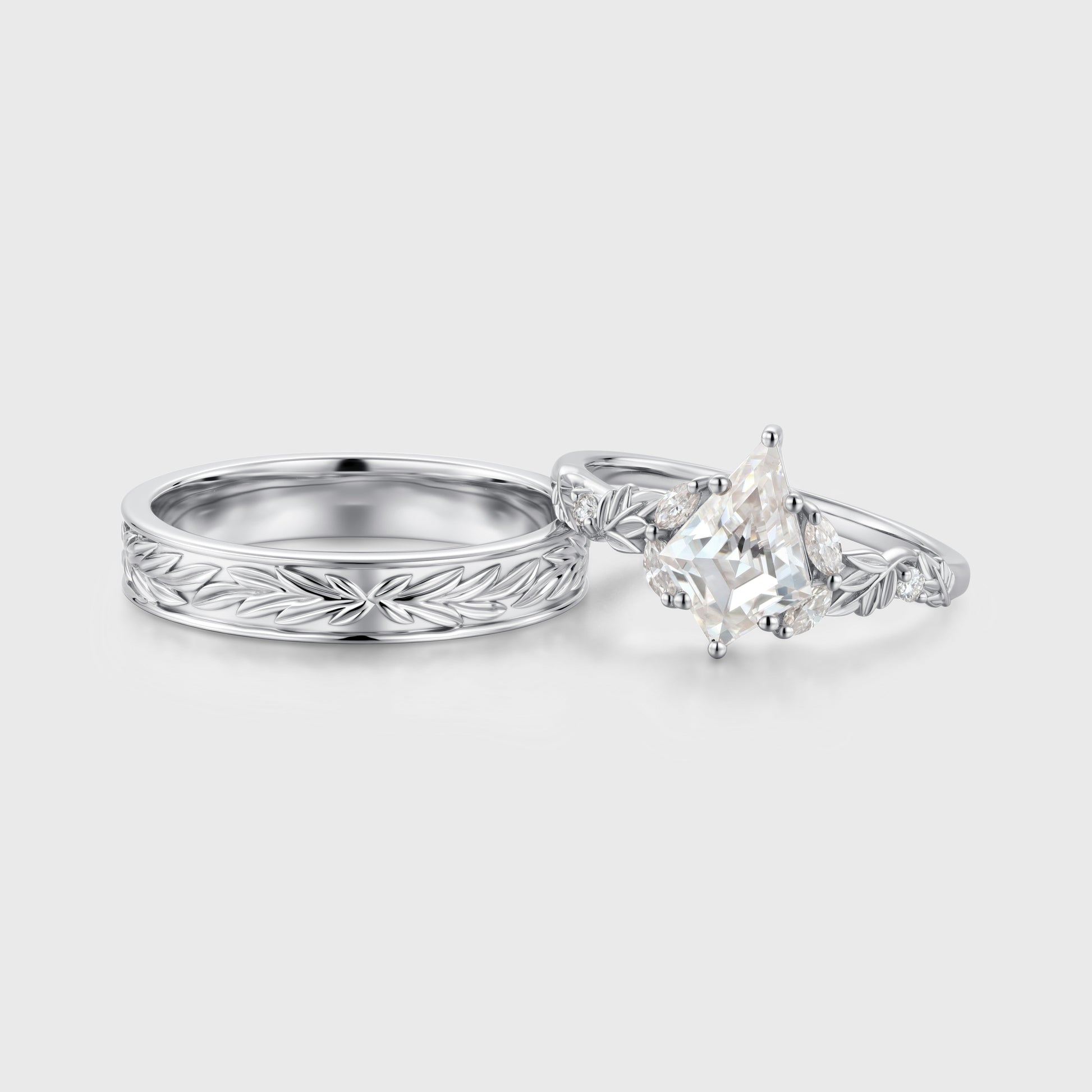 Nature Inspired Moissanite Couple Rings | D Color VVS1 | Rose Gold Leaf Wedding Bridal Set