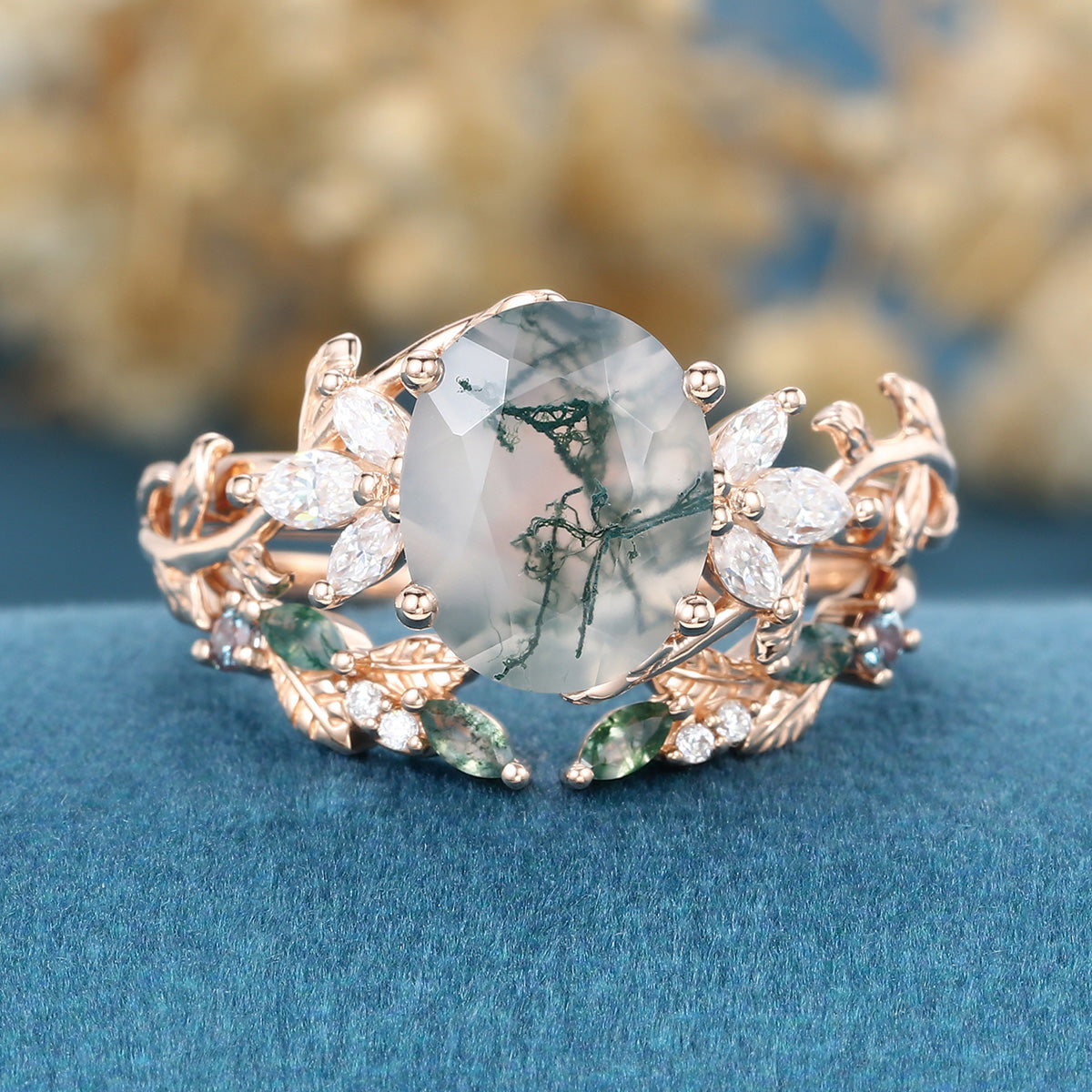 3.0Carat Oval Cut Moss Agate Rose gold leaf vine Marquise cut Moss+Moissanite Curve Wedding Band Set