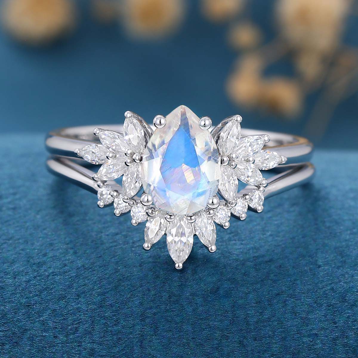 2PCS Pear Moonstone Engagement Ring Bridal Set