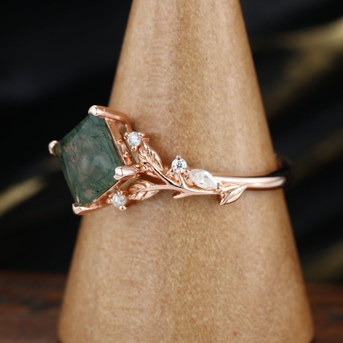 Nature Inspired Princess cut Moss Agate Damonds Leaf Gold Engagement Ring