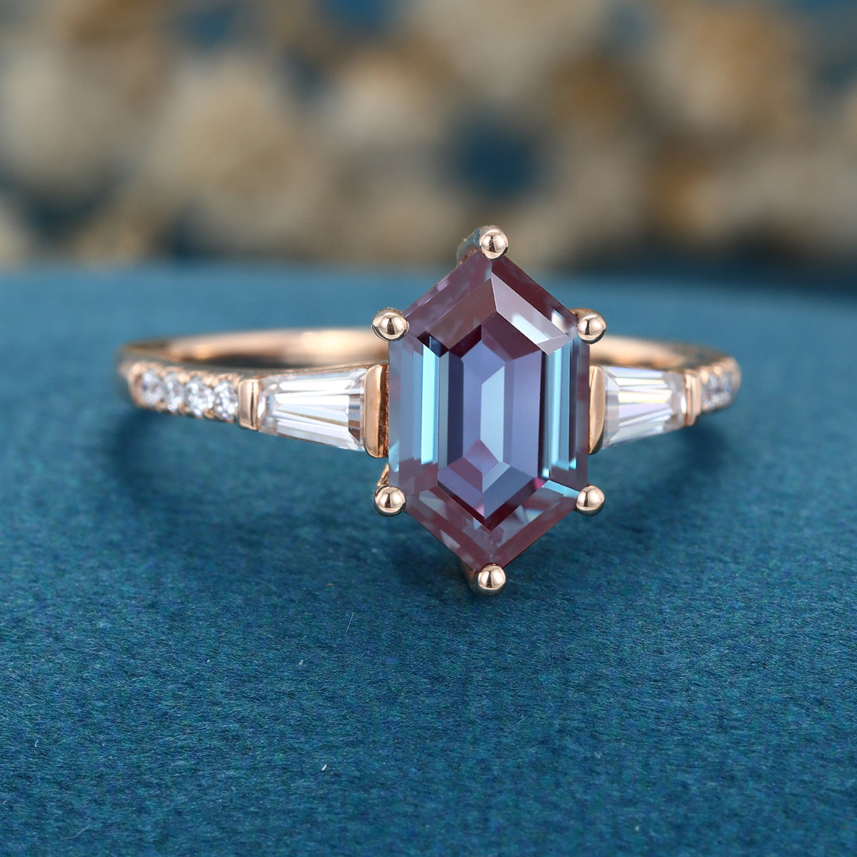 Hexagon cut Lab Alexandrite Solid Gold Engagement Ring