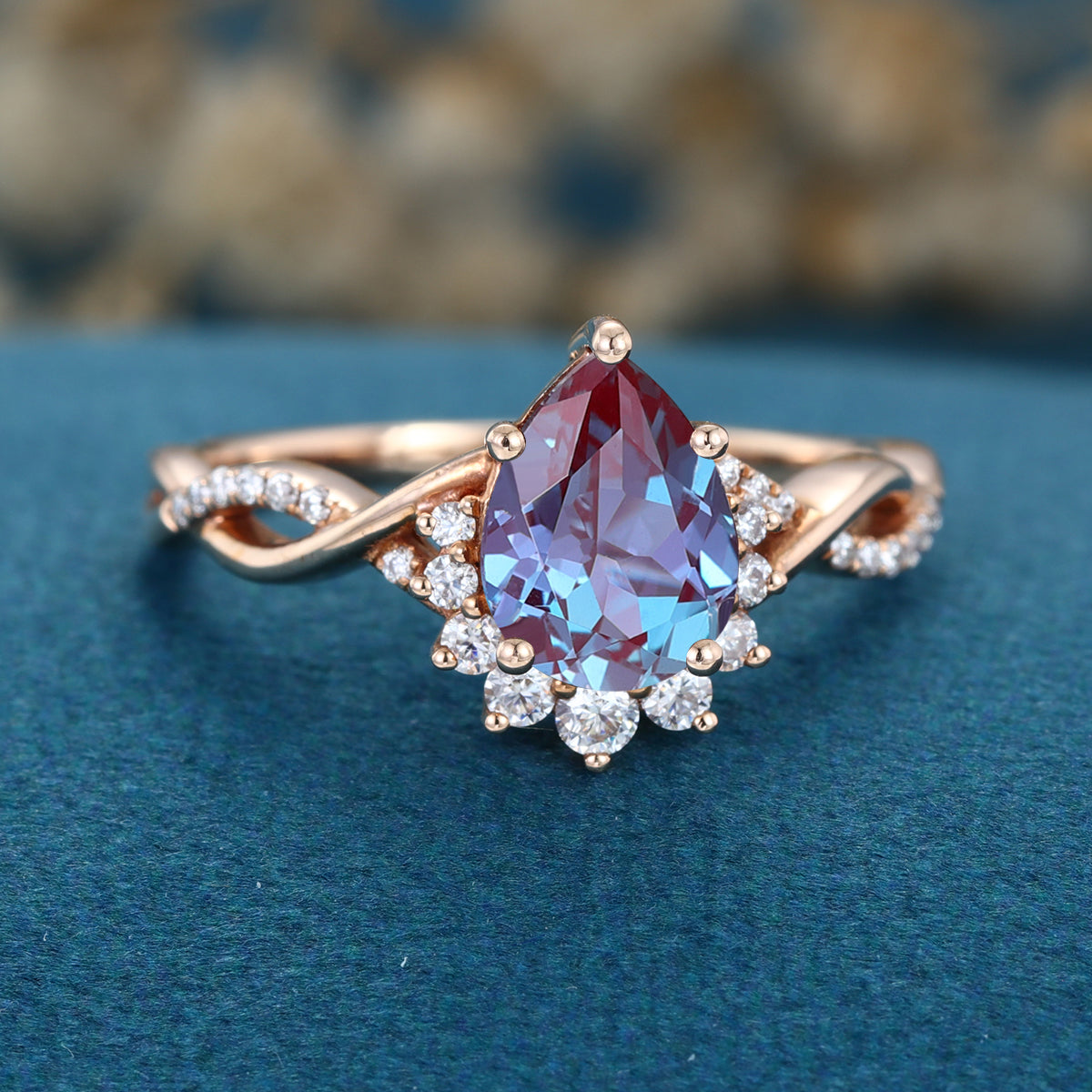 Pear cut Lab Alexandrite Solid Gold Engagement Ring
