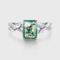 Nature Inspired Emerald cut Moss Agate Leaf Gold Engagement Ring