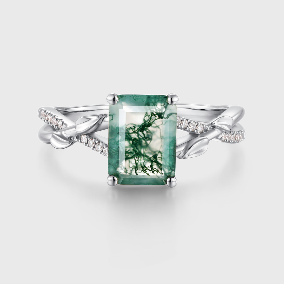 Nature Inspired Emerald cut Moss Agate Leaf Gold Engagement Ring