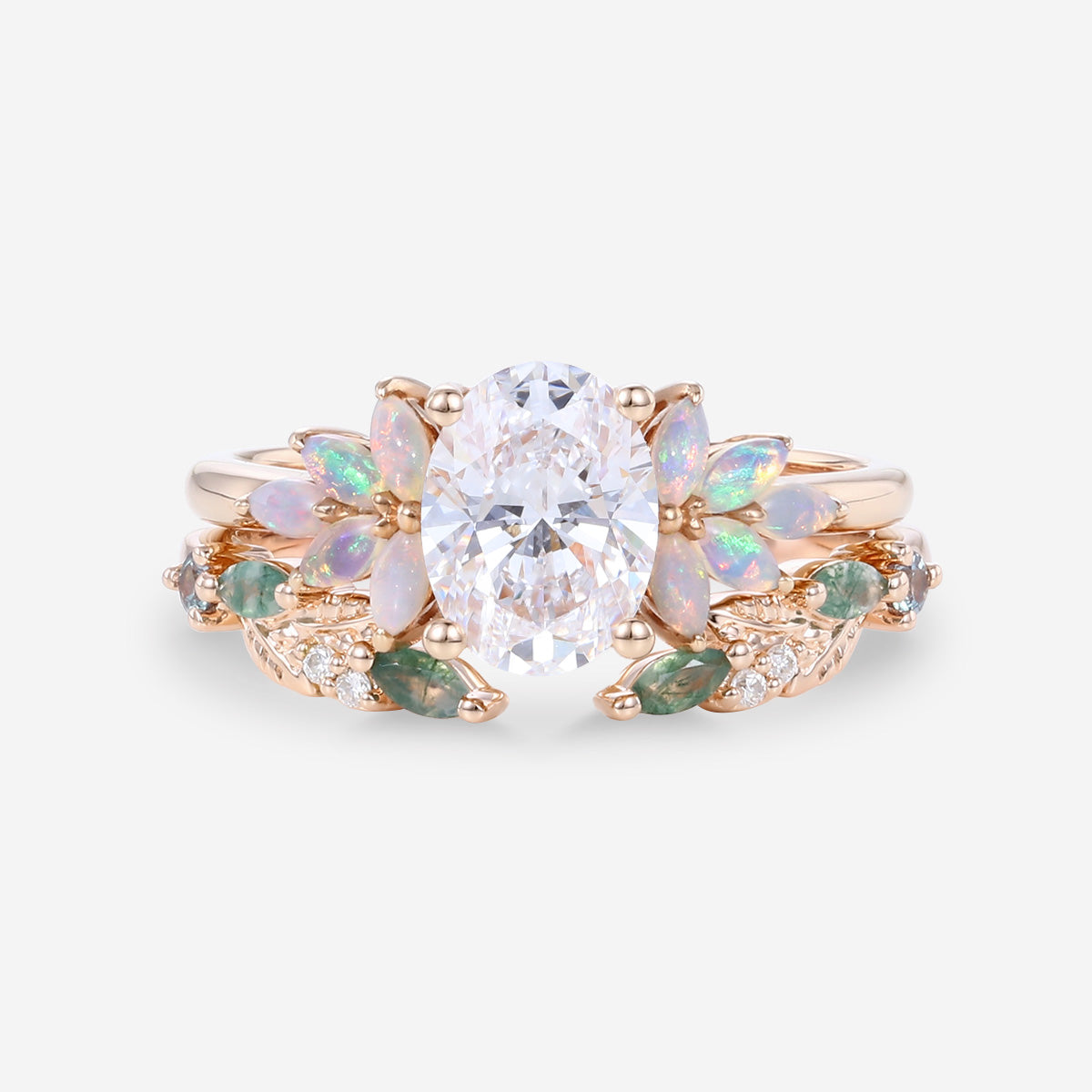 Oval cut Lab-Grown Diamond Engagement ring +Moss agate Wedding Bridal set