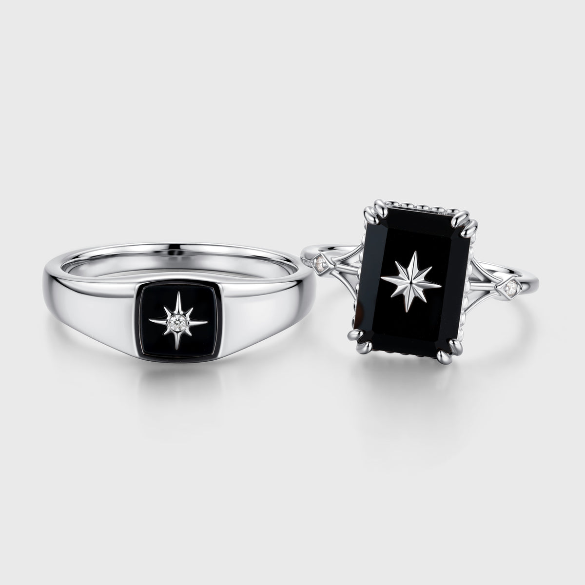 Emerald cut Black Onyx Rose Gold Couples Ring Set