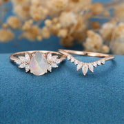 Pear cut Labradorite Cluster Engagement ring Bridal Set 