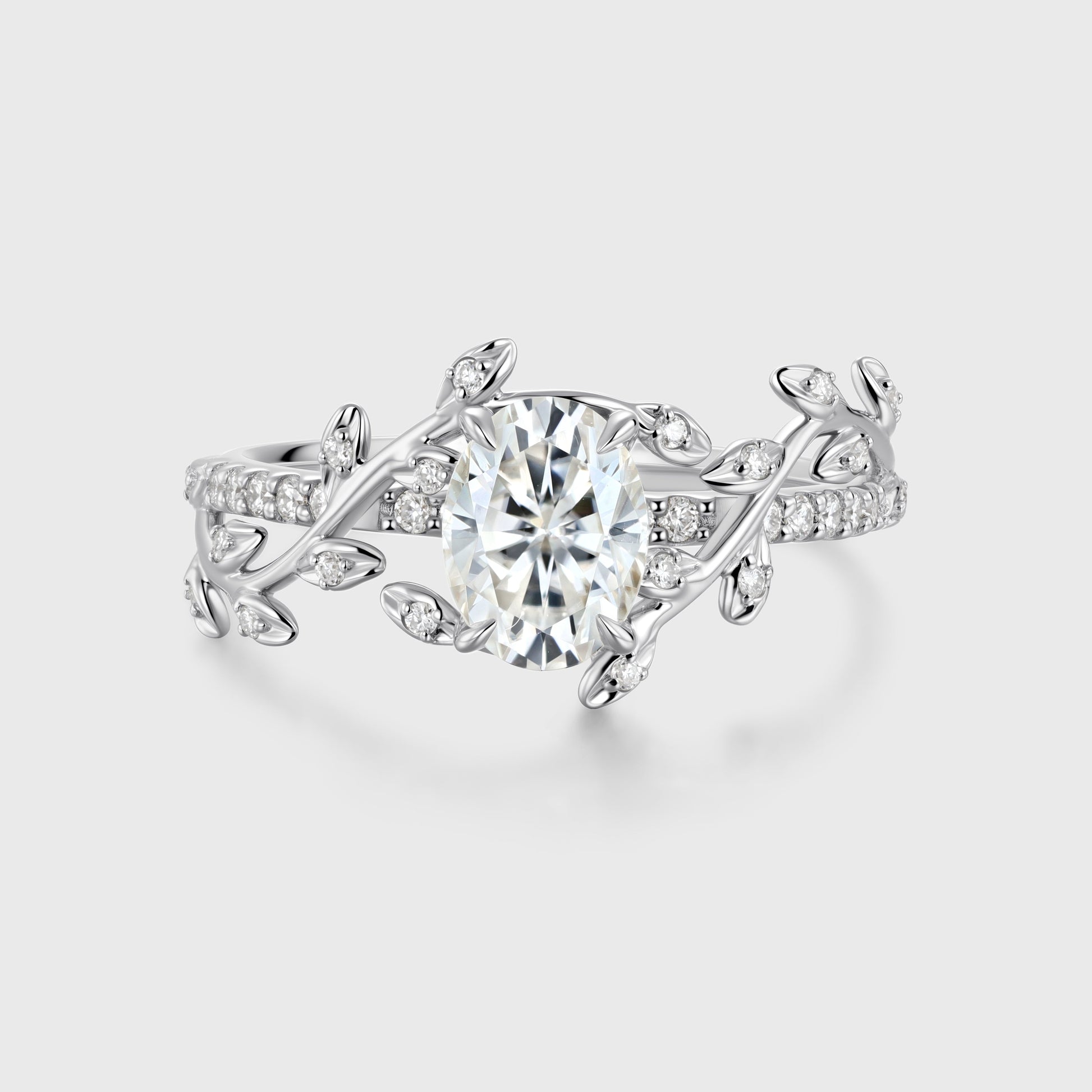 Nature Inspired Oval cut Moissanite Leaf Gold Engagement Ring