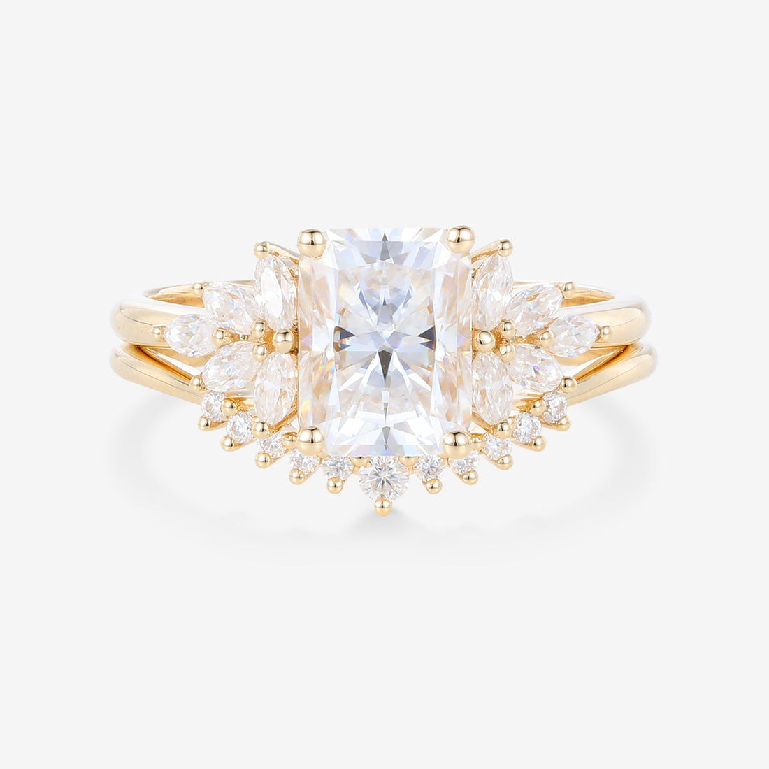 Radiant cut Moissanite Cluster Engagement ring Bridal Set
