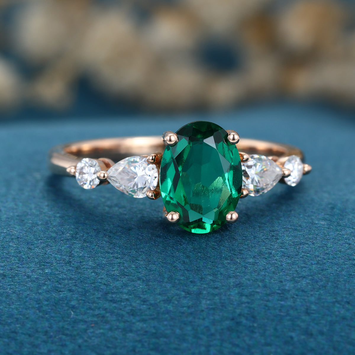 Oval cut Lab grown Emerald Solid Gold Engagement Ring