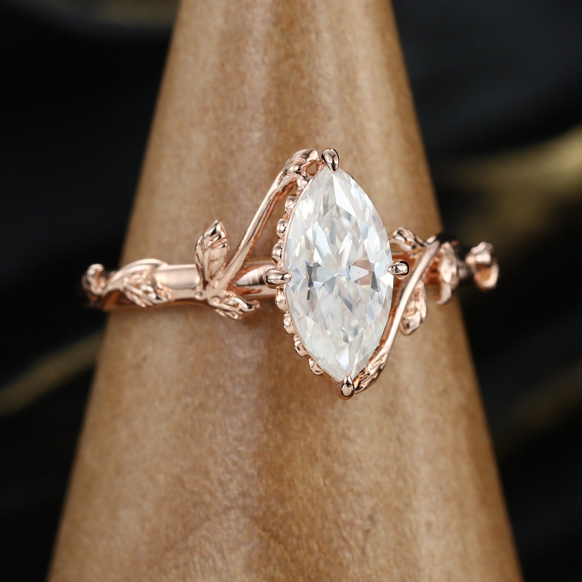 Nature Inspired Marquise cut Moissanite Leaf Gold Engagement Ring