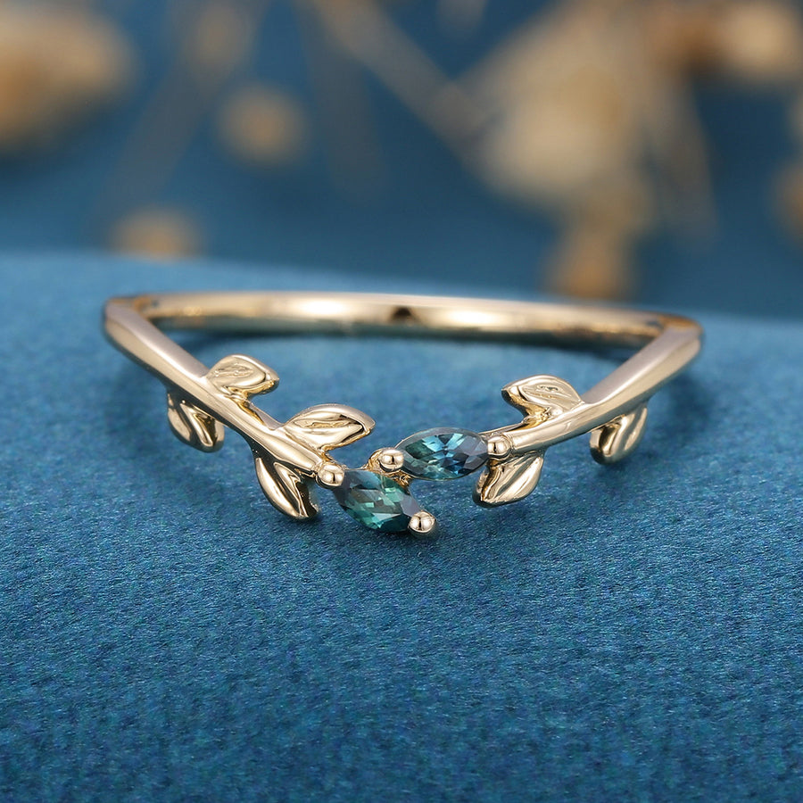 Marquise cut Blue Green Sapphire leaf Curved Wedding Band Ring