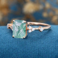 Emerald Cut Natural Green Moss Agate Cluster Engagement Ring 