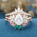 Pear cut Moissanite Rose Gold Matching Diamonds | Lab Grown Emerald Wedding bridal set