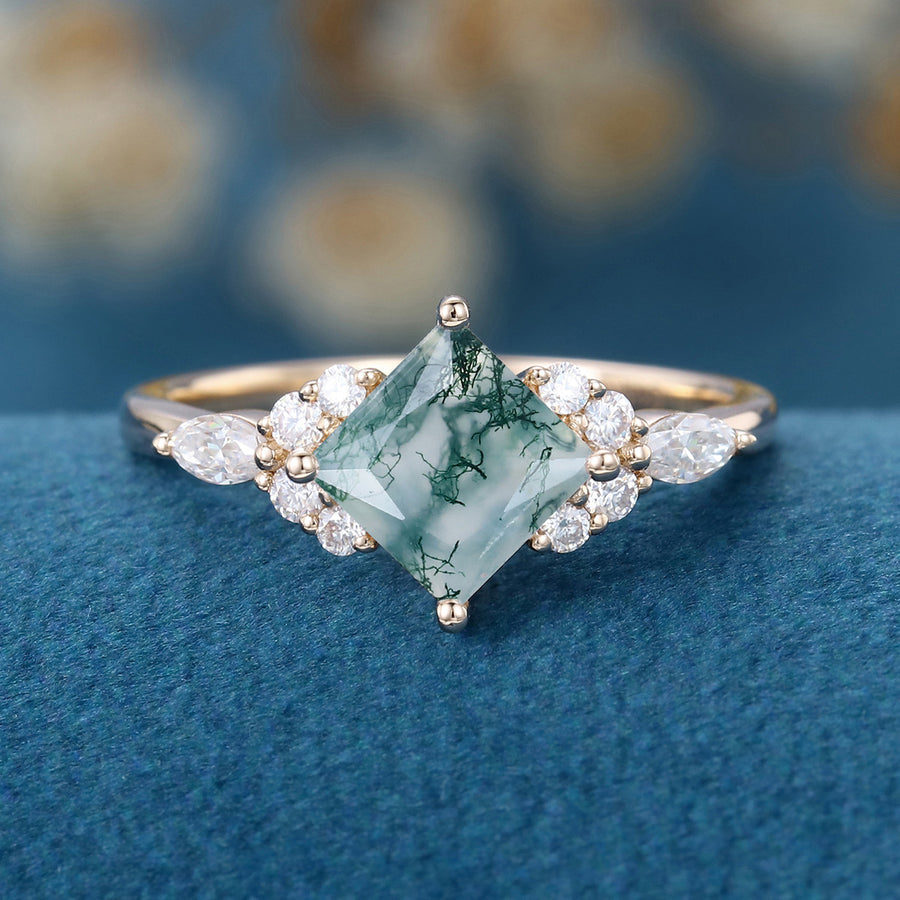 Natural Green Moss Agate Princess cut cluster Engagement Ring