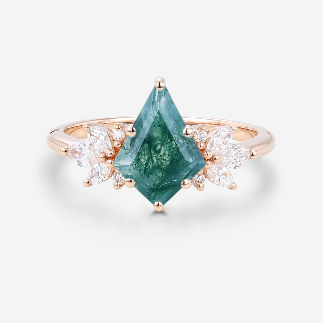 Kite Cut Natural Green Moss Agate Cluster Engagement Ring