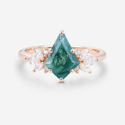 Kite Cut Natural Green Moss Agate Cluster Engagement Ring