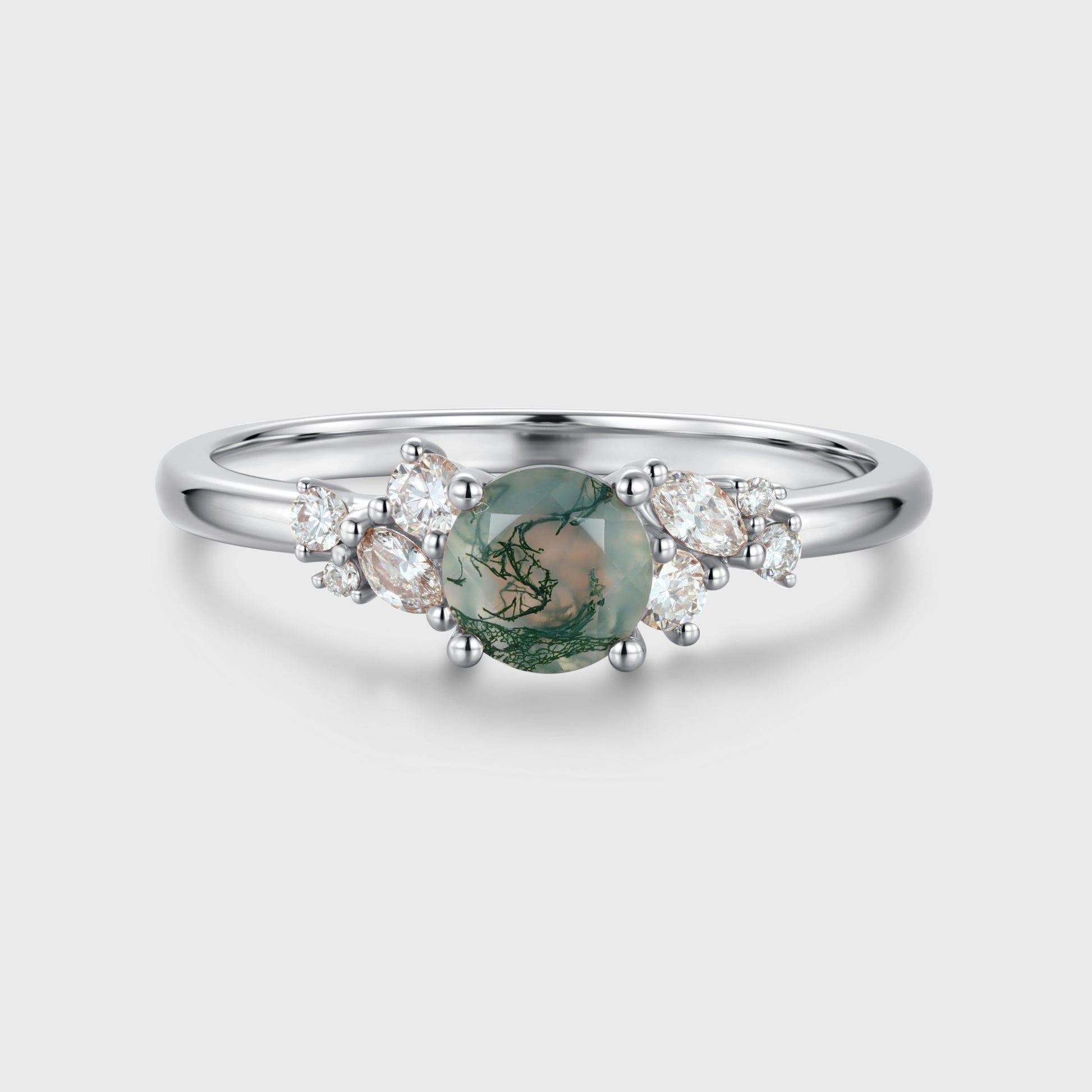 Round cut Moss Agate Matching Moissanite | Diamonds Gold Engagement Ring