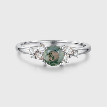 Round cut Moss Agate Matching Moissanite | Diamonds Gold Engagement Ring