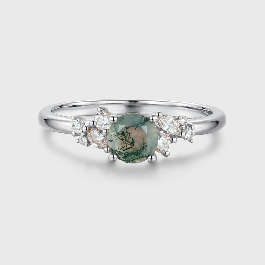 Round cut Moss Agate Matching Moissanite | Diamonds Gold Engagement Ring