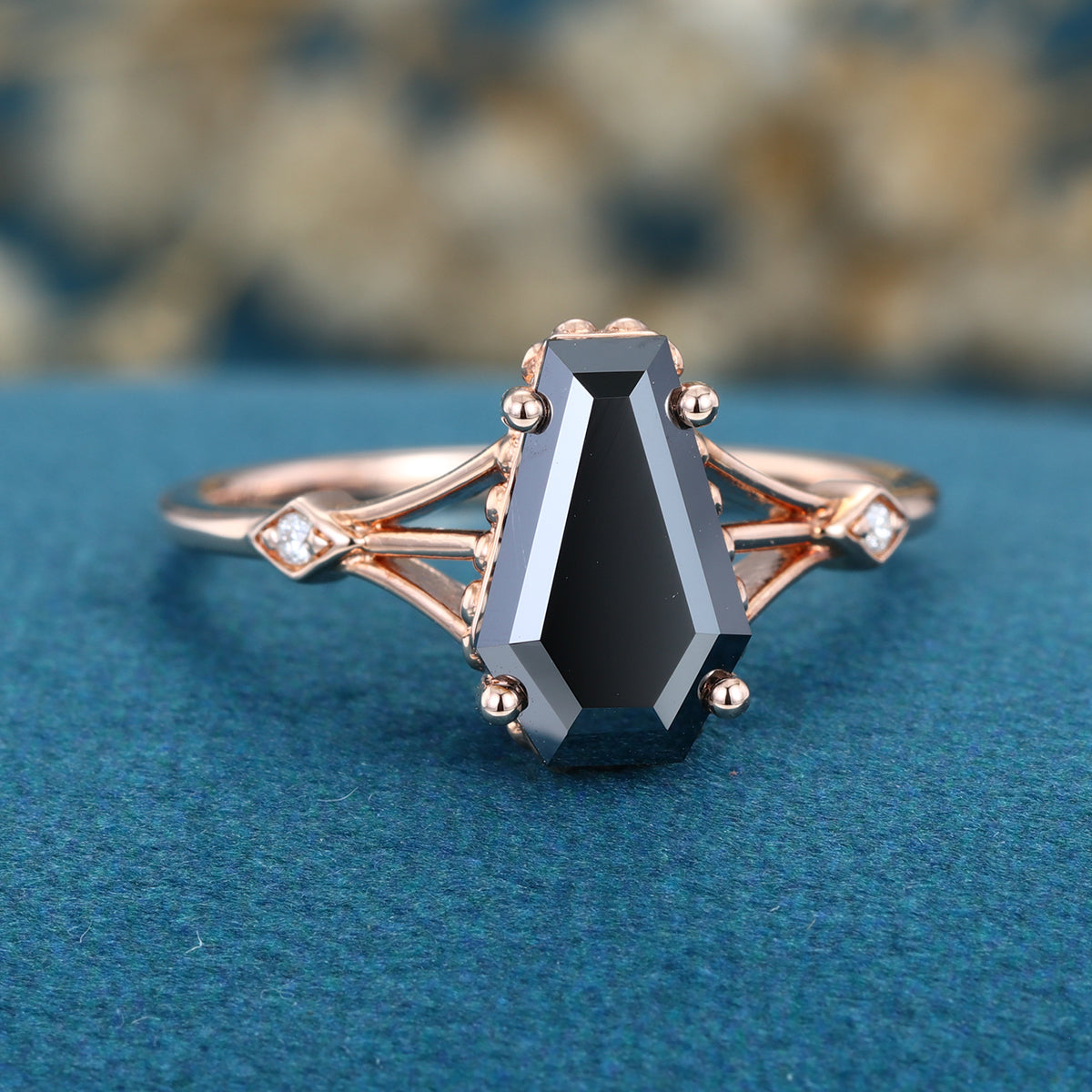 Coffin cut Black Onyx Solid Gold Engagement Ring