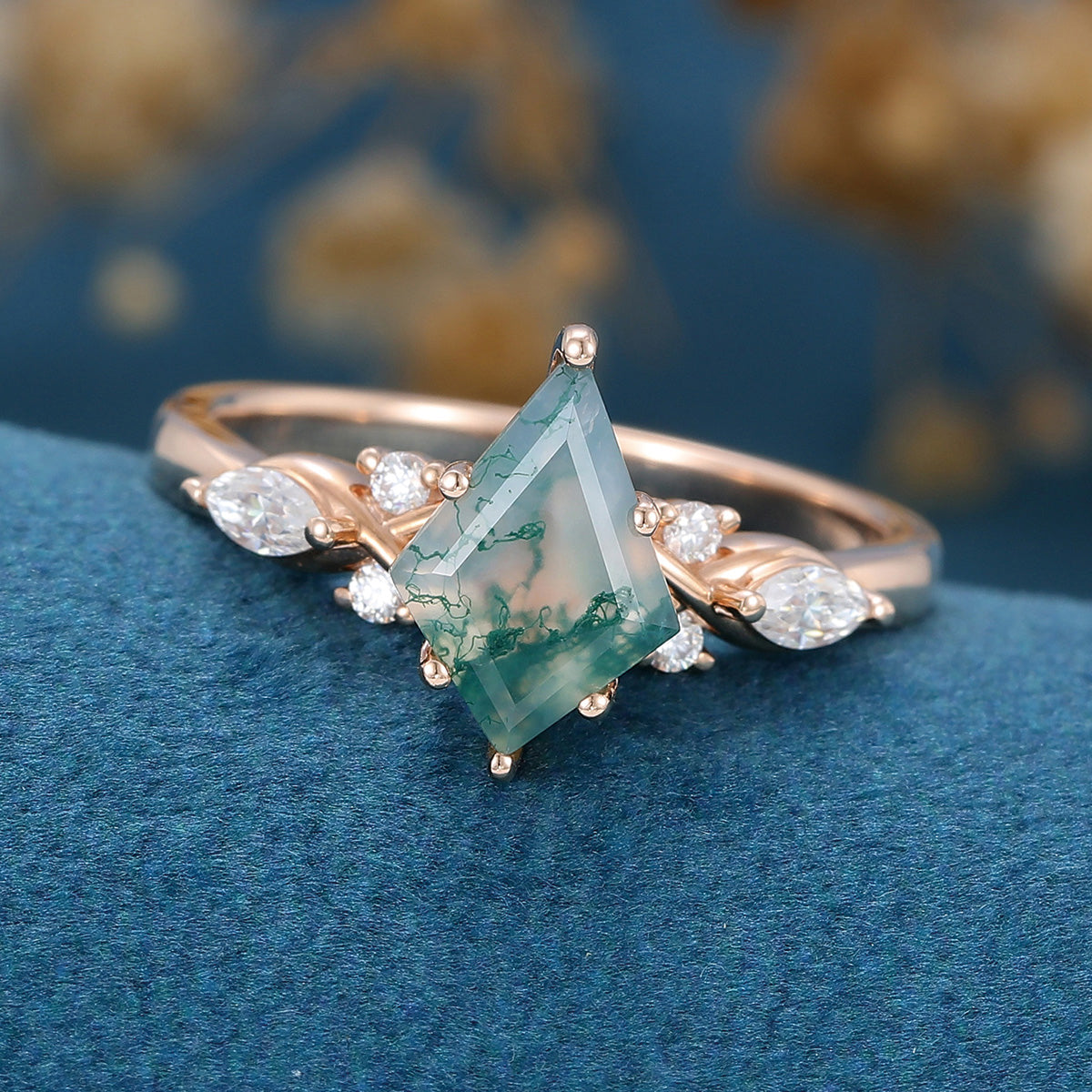 Kite Cut Natural Green Moss Agate Cluster Engagement Ring 