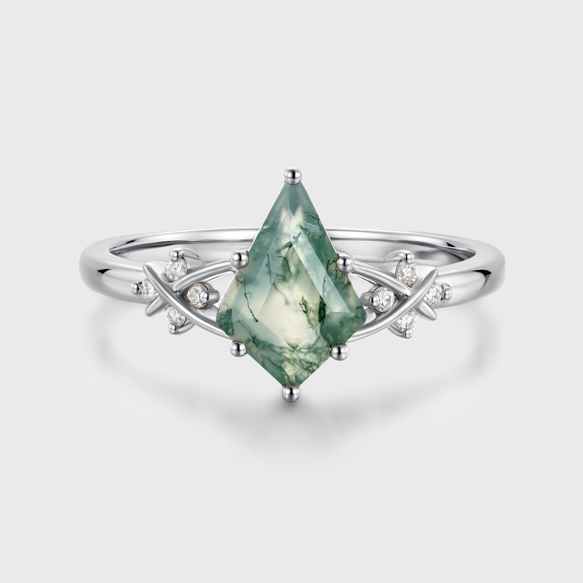 Kite Cut Natural Green Moss Agate Cluster Engagement Ring