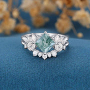 Natural Green Moss Agate Princess cut cluster Engagement Ring Bridal Sets