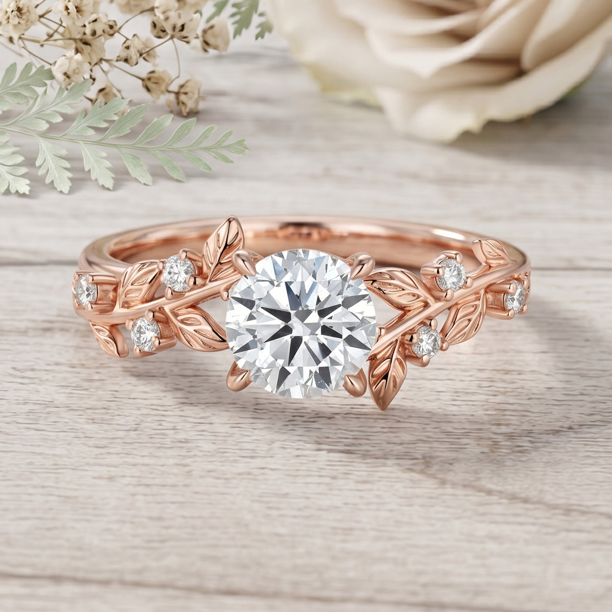 1.0CT~5.0CT Round cut Lab Grown Diamond Cluster Leaf Gold Engagement Ring