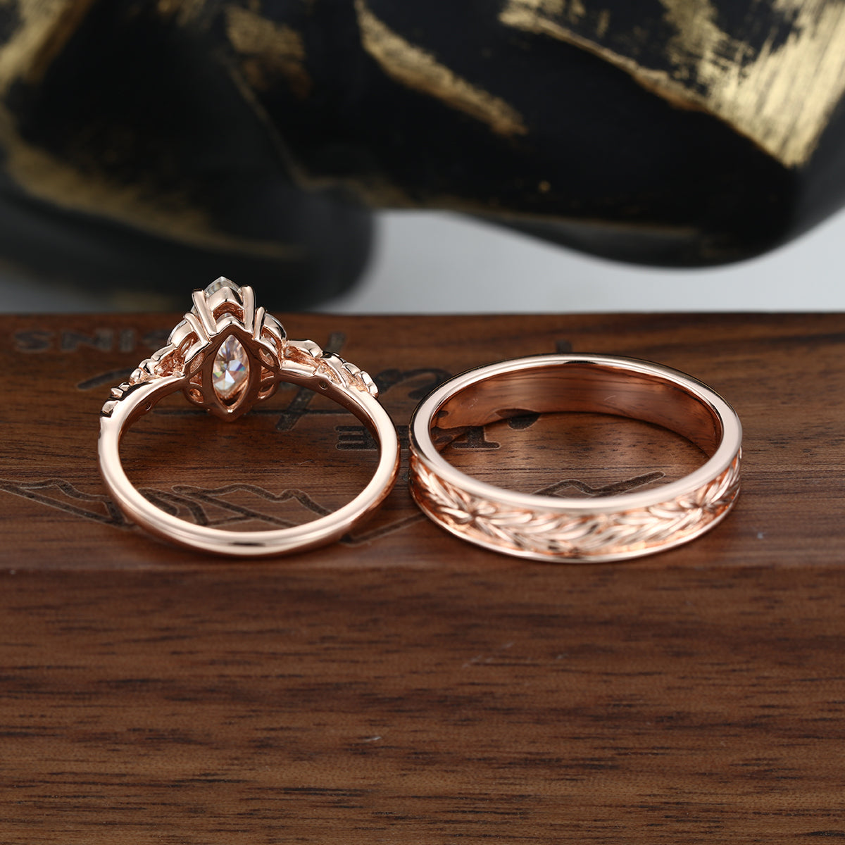 Nature Inspired Moissanite Couple Rings | D Color VS | Rose Gold Leaf Wedding Bridal Set