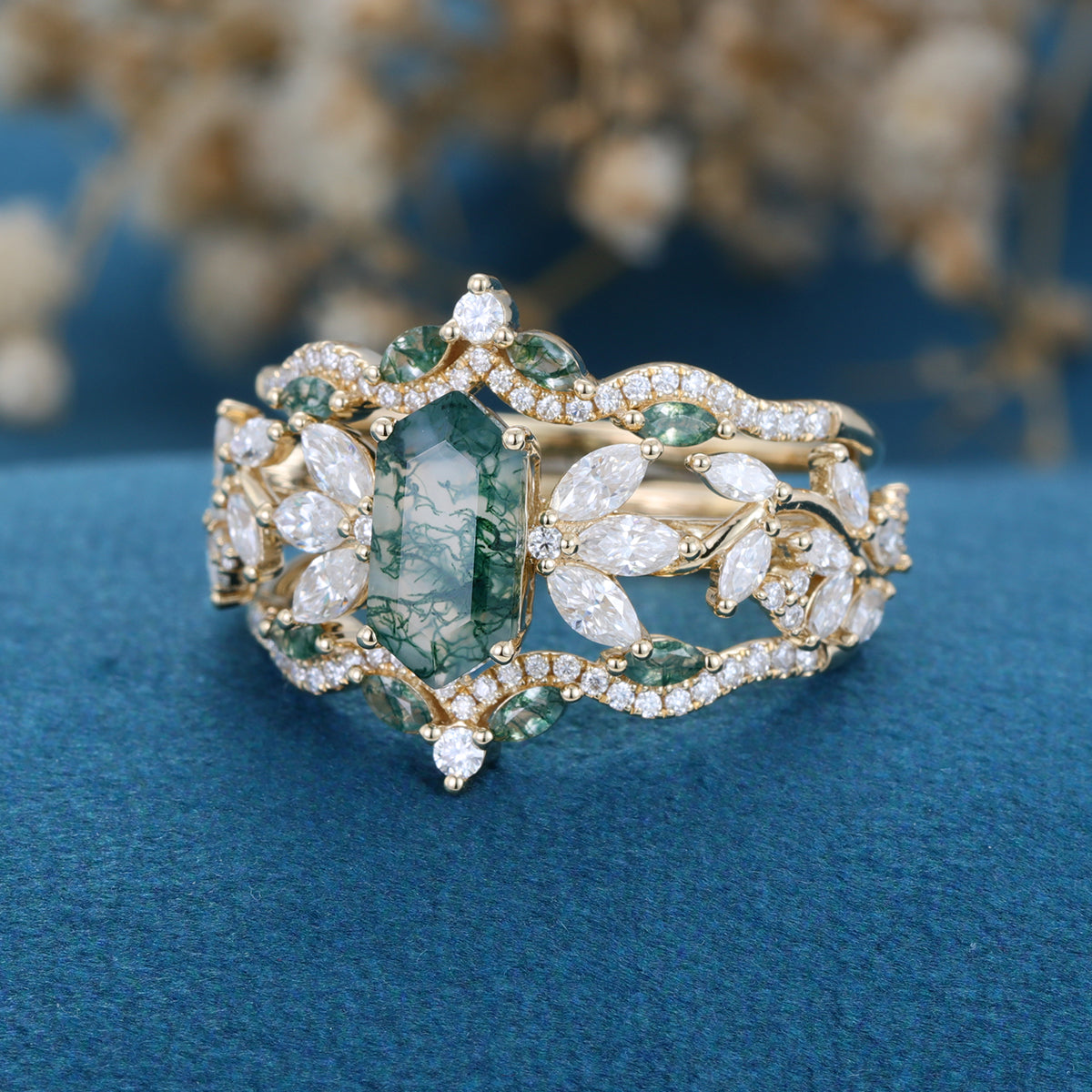 Long Hexagon cut Moss Agate Gold Wedding Bridal Set
