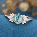 Hexagon Cut Natural Green Moss Agate Cluster Engagement Ring 