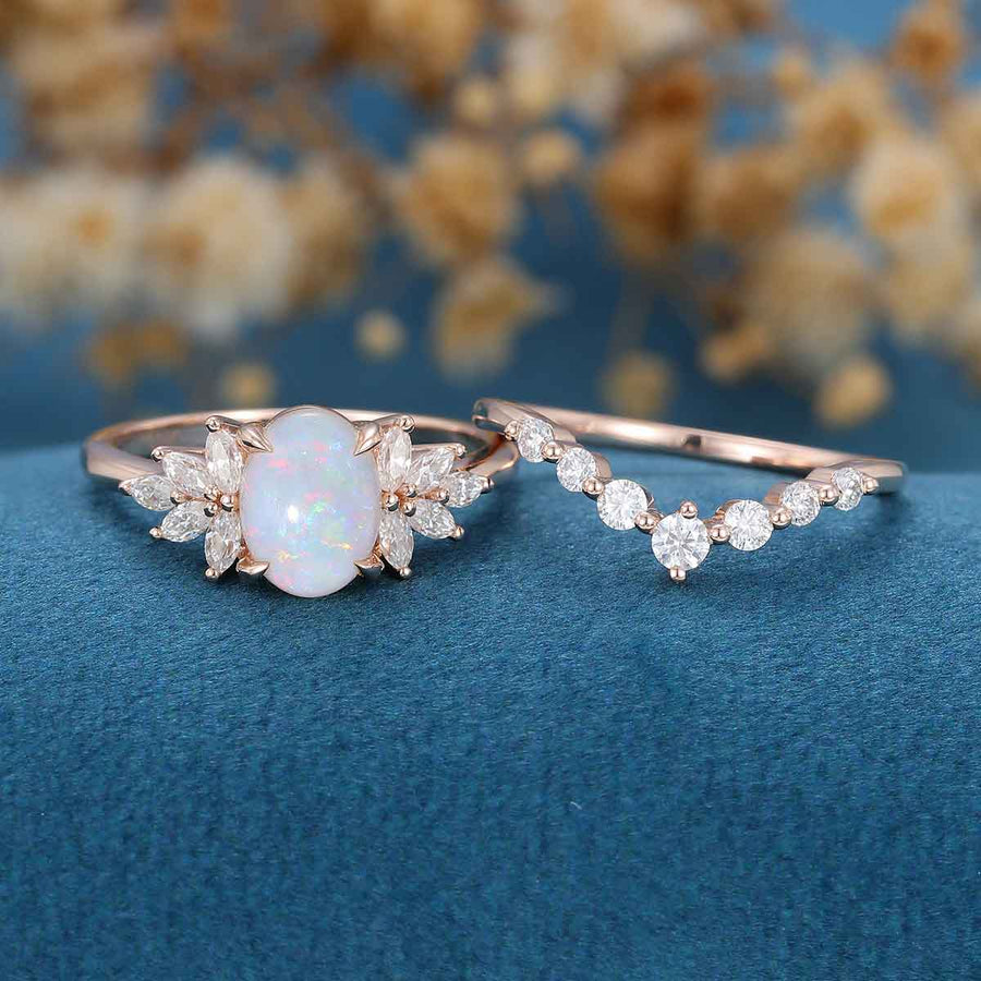 Oval cut Opal Engagement ring Bridal Set