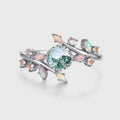 Round Cut Natural Green Moss Agate Cluster Engagement Ring