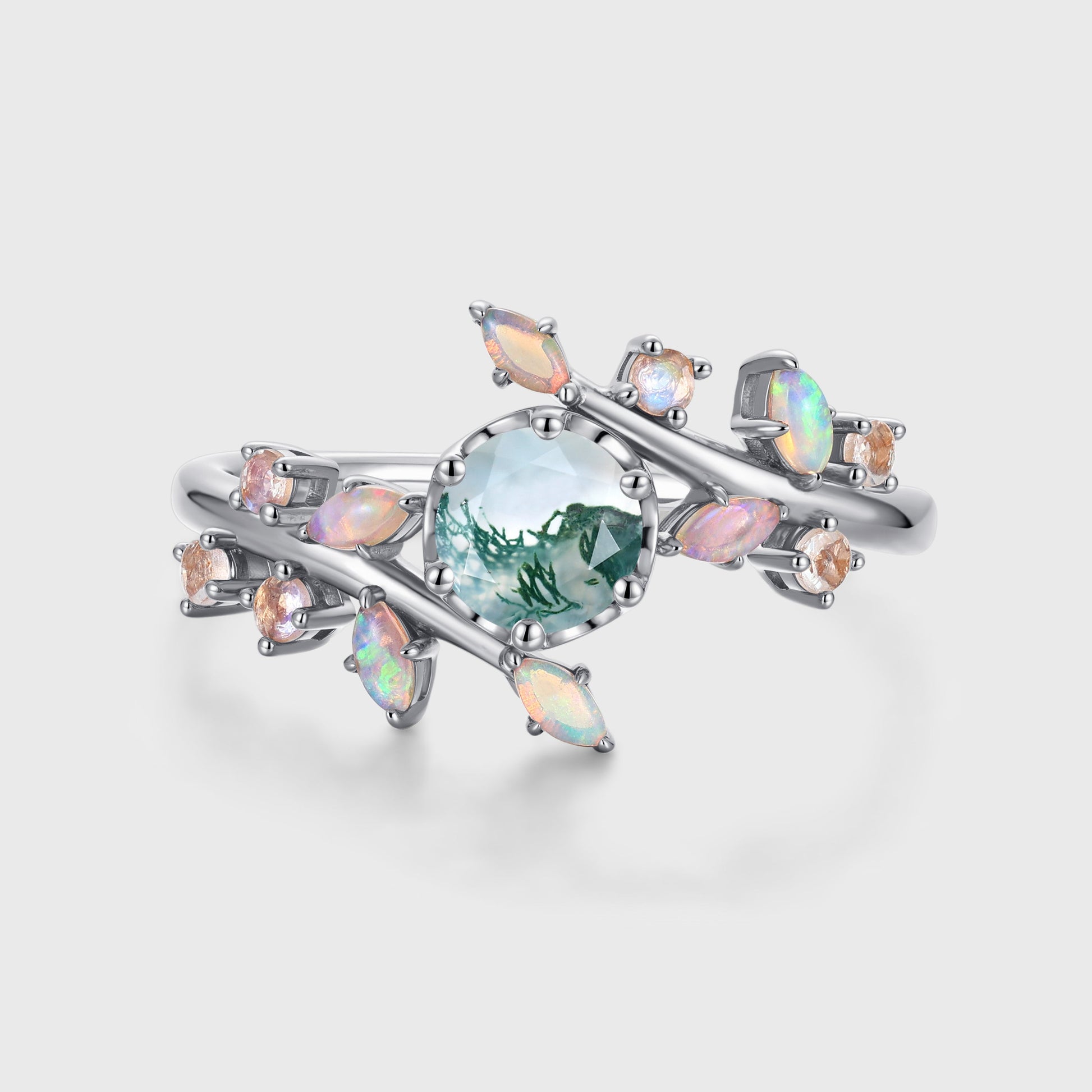 Round Cut Natural Green Moss Agate Cluster Engagement Ring