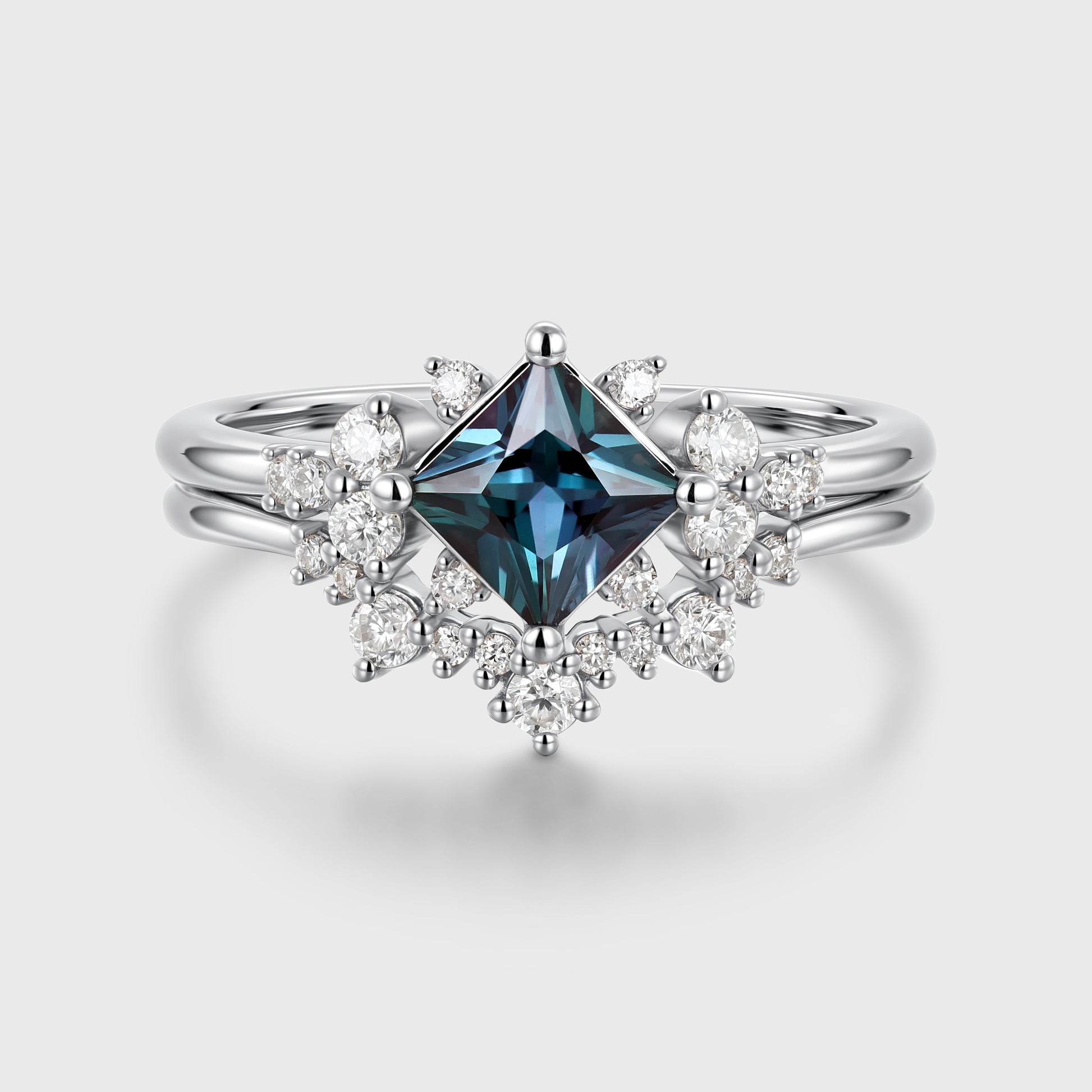 Princess cut Lab Alexandrite | Diamond Engagement Ring Bridal Set