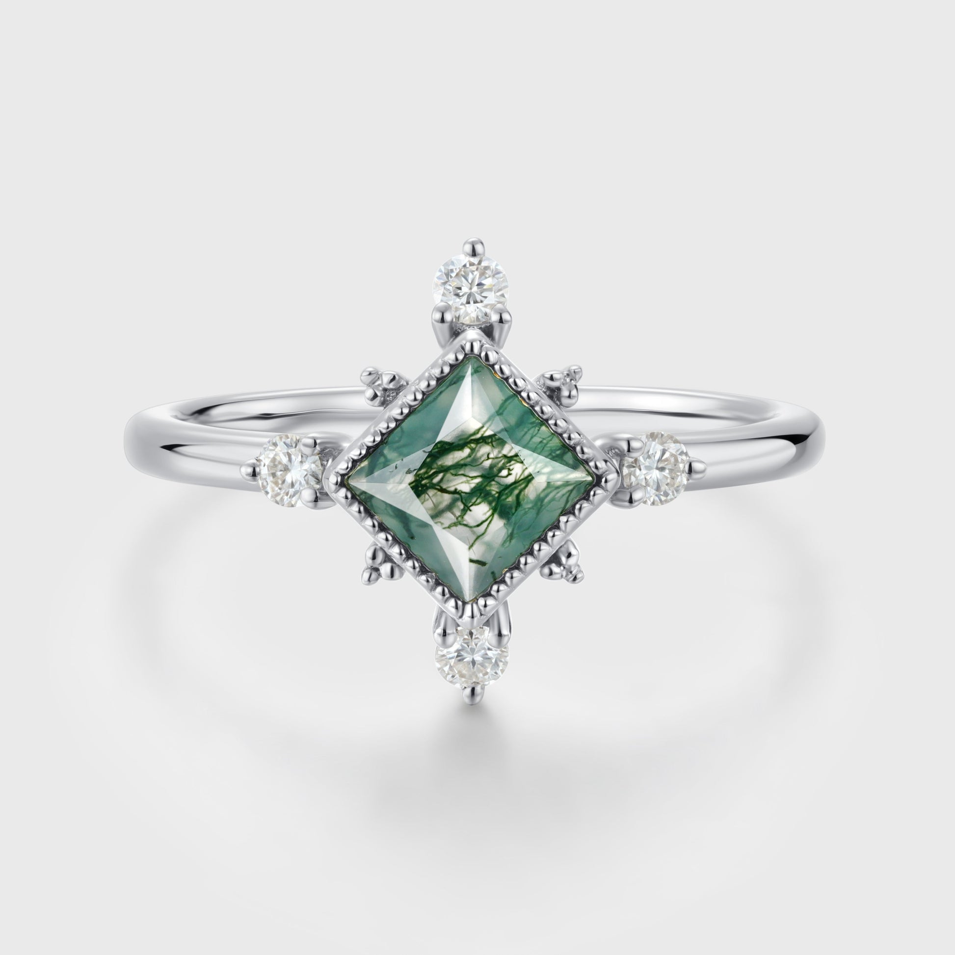 Bezel Set Princess Cut Moss Agate Halo Moissanite | Diamond Gold Engagement Ring