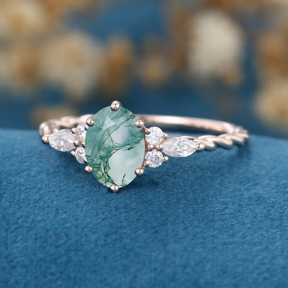 Natural Green Moss Agate Oval cut cluster Engagement Ring 