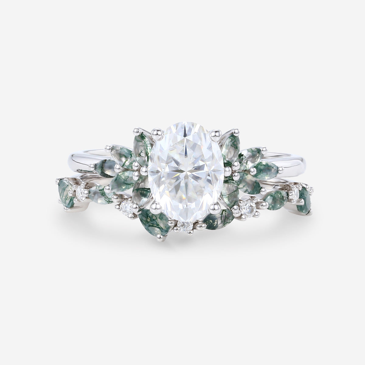Oval cut Moissanite+ Opal Engagement ring Moss agate Wedding Bridal set (Copy)