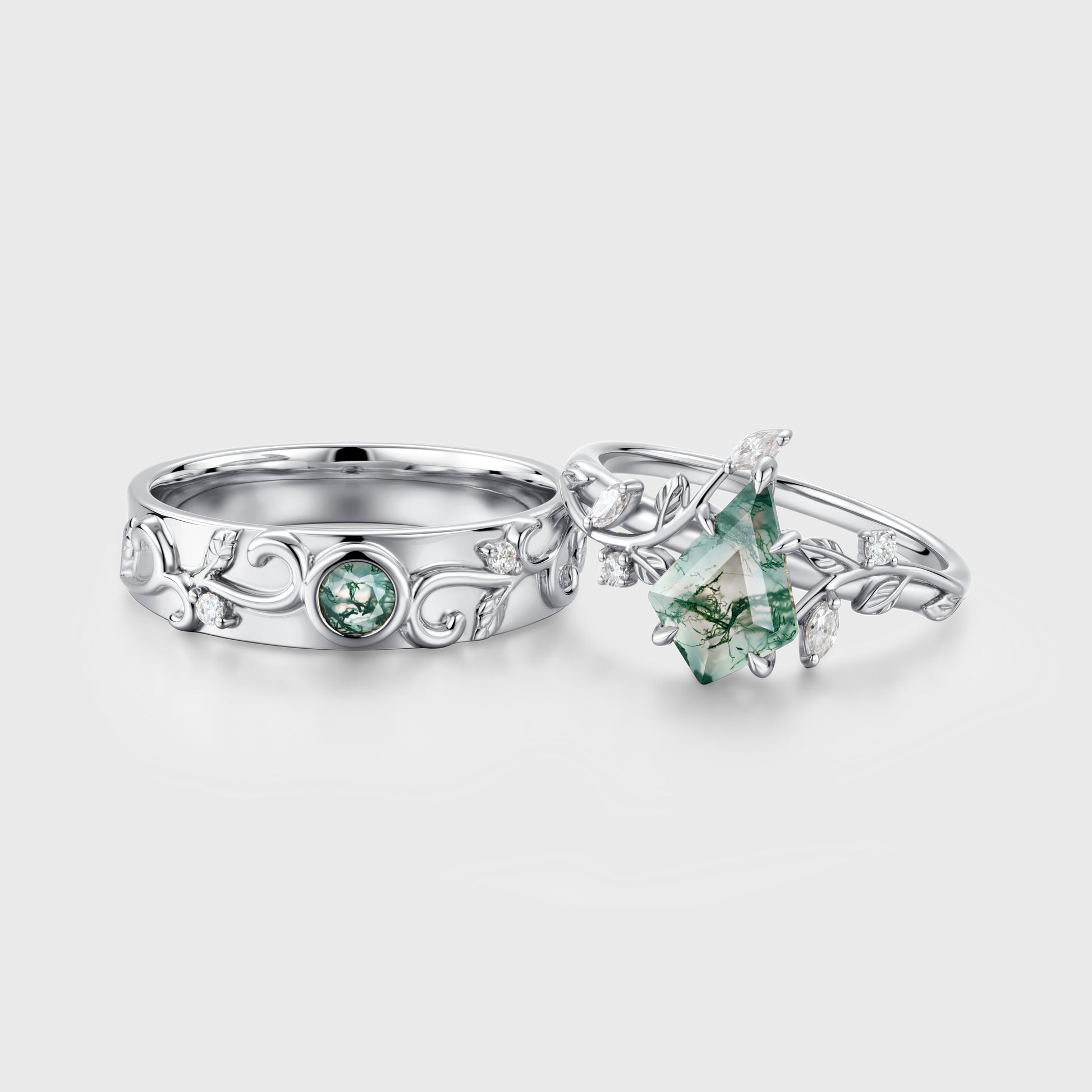 Kite Green Moss Agate & Whiskey Barrel Couples Ring Set- His and Hers Wedding Band Rose Gold Matching Promise Rings