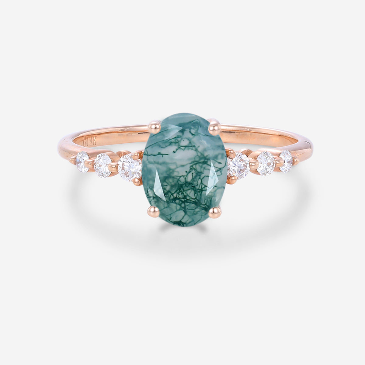 Oval Cut Natural Green Moss Agate Cluster Engagement Ring