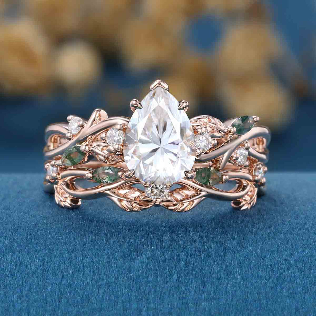 Pear Cut Moissanite Engagement ring + Marquise Moss agate Wedding Bridal Set