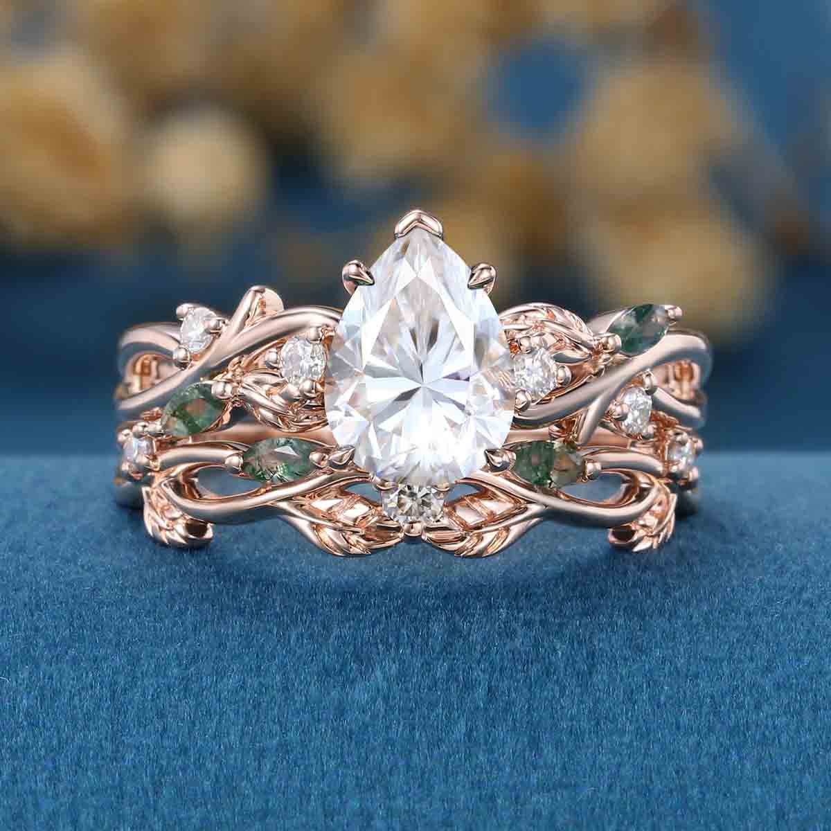 Pear Cut Moissanite Engagement ring + Marquise Moss agate Wedding Bridal Set