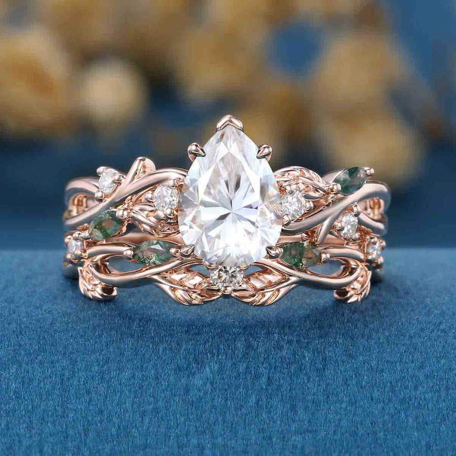 Pear Cut Moissanite Engagement ring + Marquise Moss agate Wedding Bridal Set