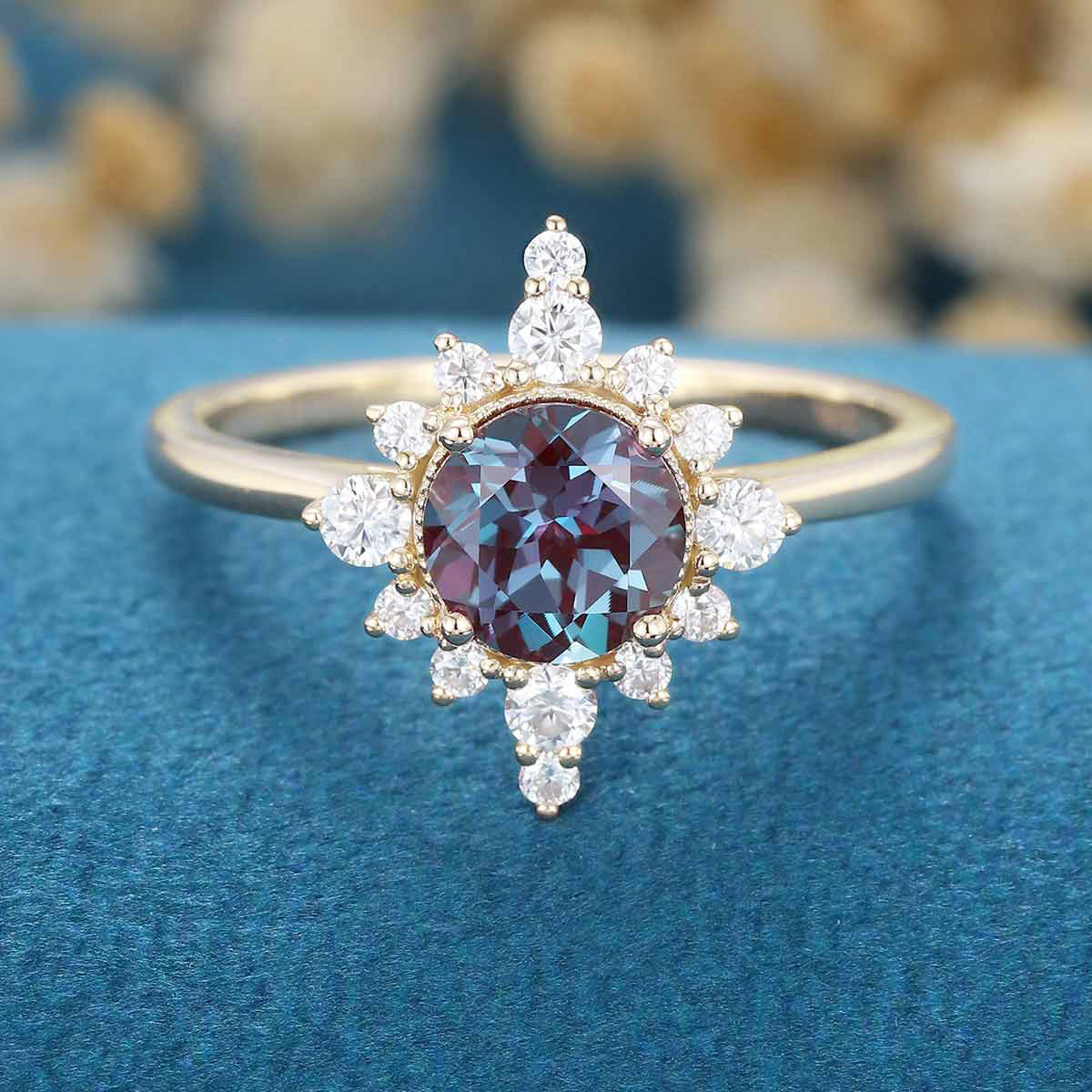 Round cut Alexandrite Halo Diamond Engagement ring